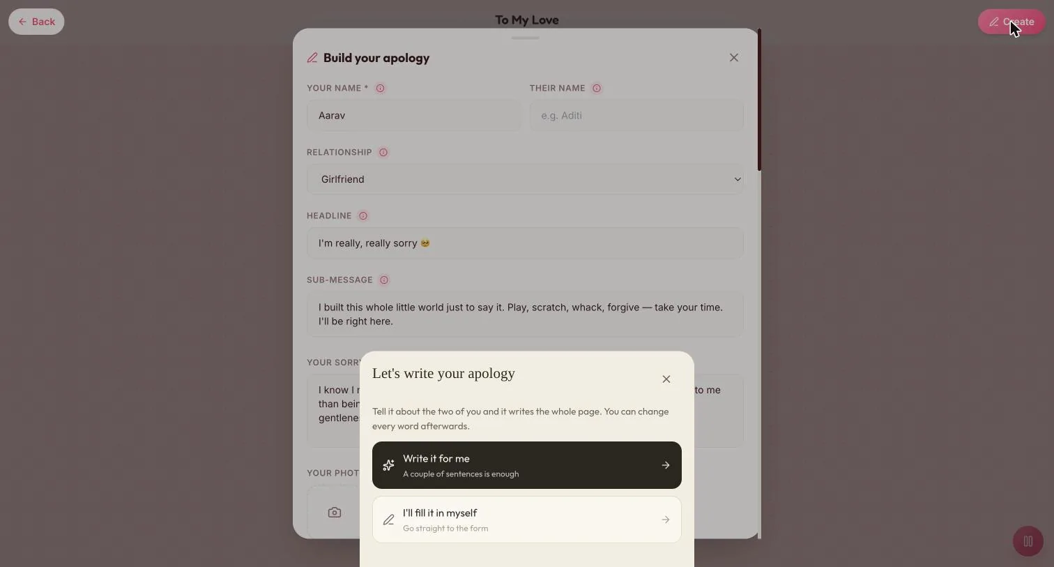The Write it for me / I'll fill it in myself choice, over the form