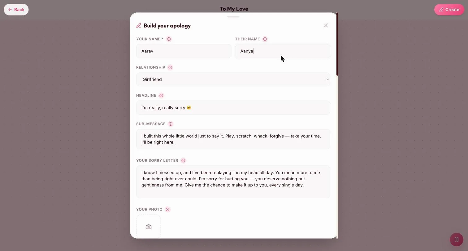 Names, the relationship dropdown, headline, sub-message and the sorry letter