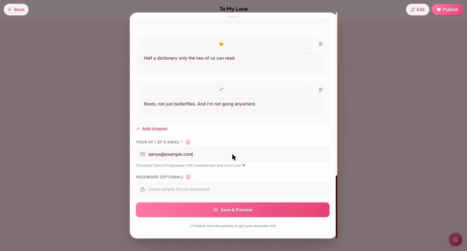 The required gf/bf's email field and the note about the Deed of Forgiveness PDF