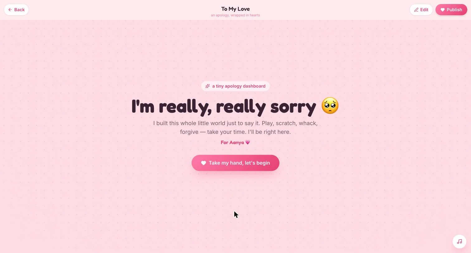 The saved page, addressed to her, with Edit and Publish in the top bar