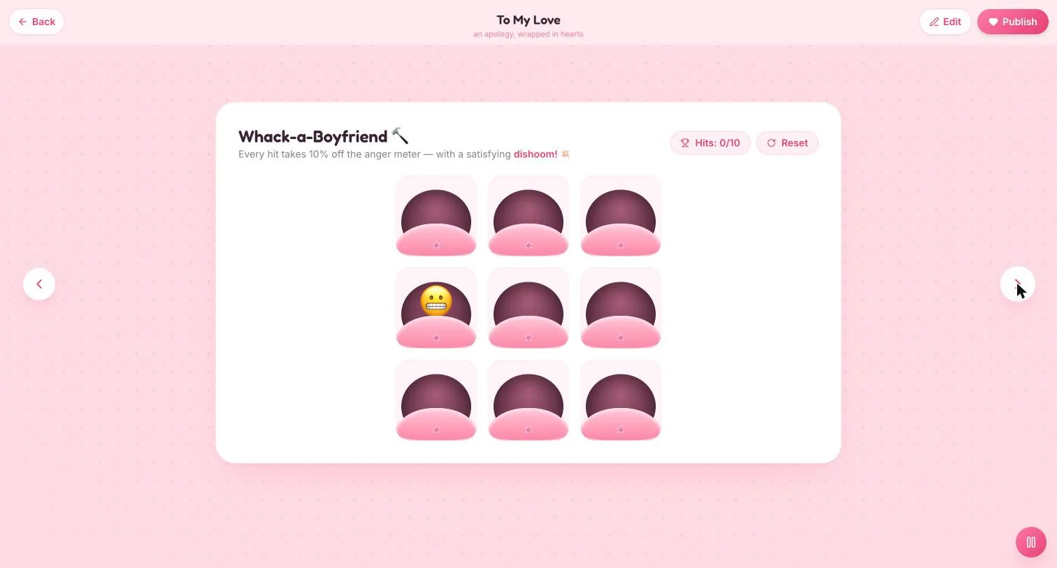 The Whack-a-Boyfriend grid, hits 0 of 10, with the ten-per-cent line