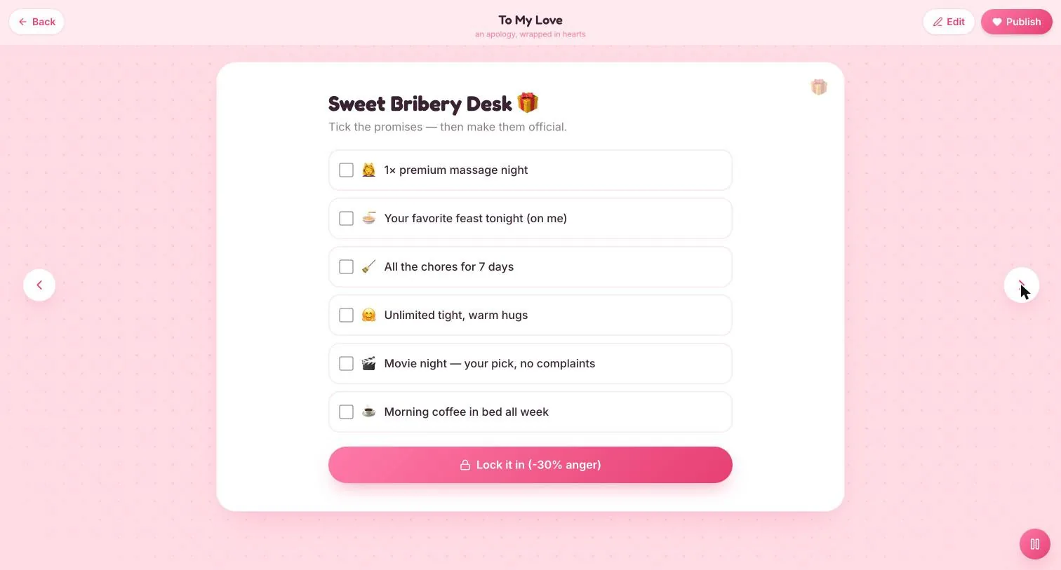 The bribery tick-list and the Lock it in minus-thirty-per-cent button