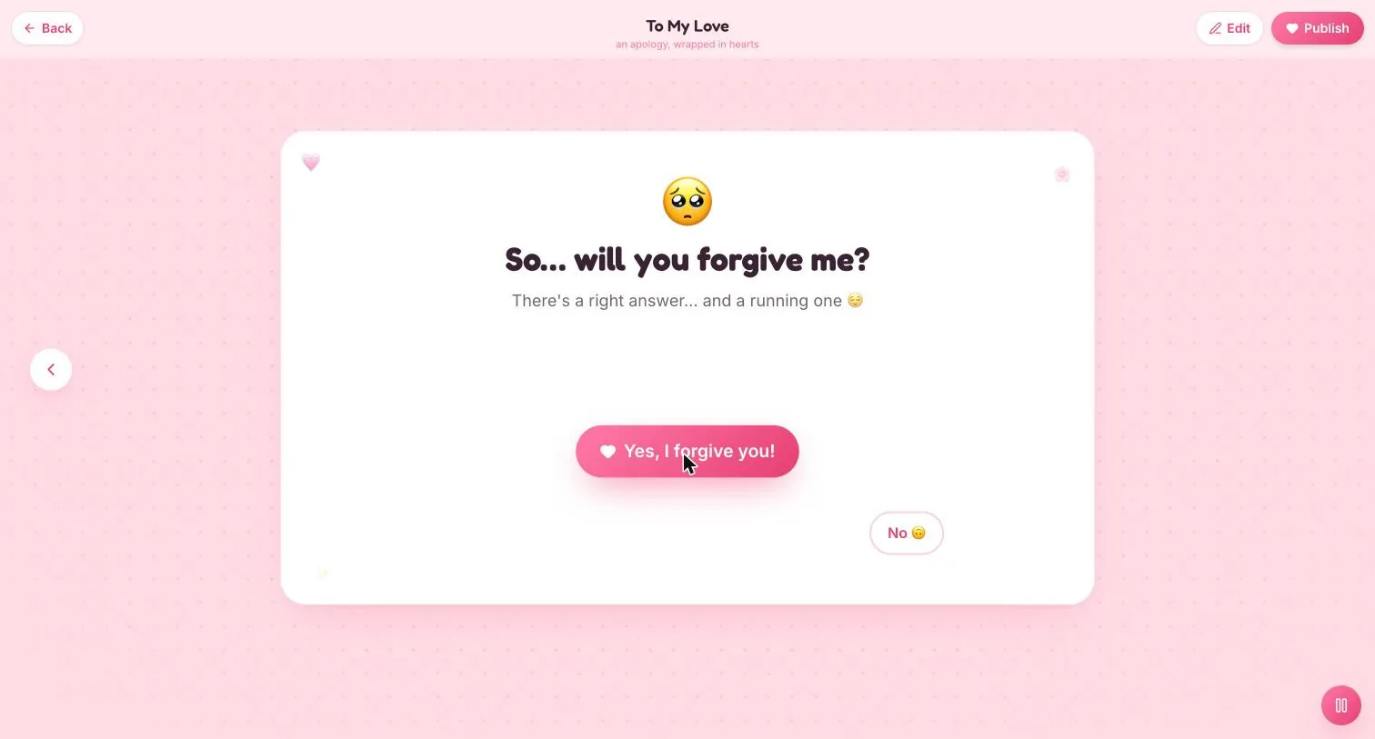 The forgive card, with the No button already displaced to the side