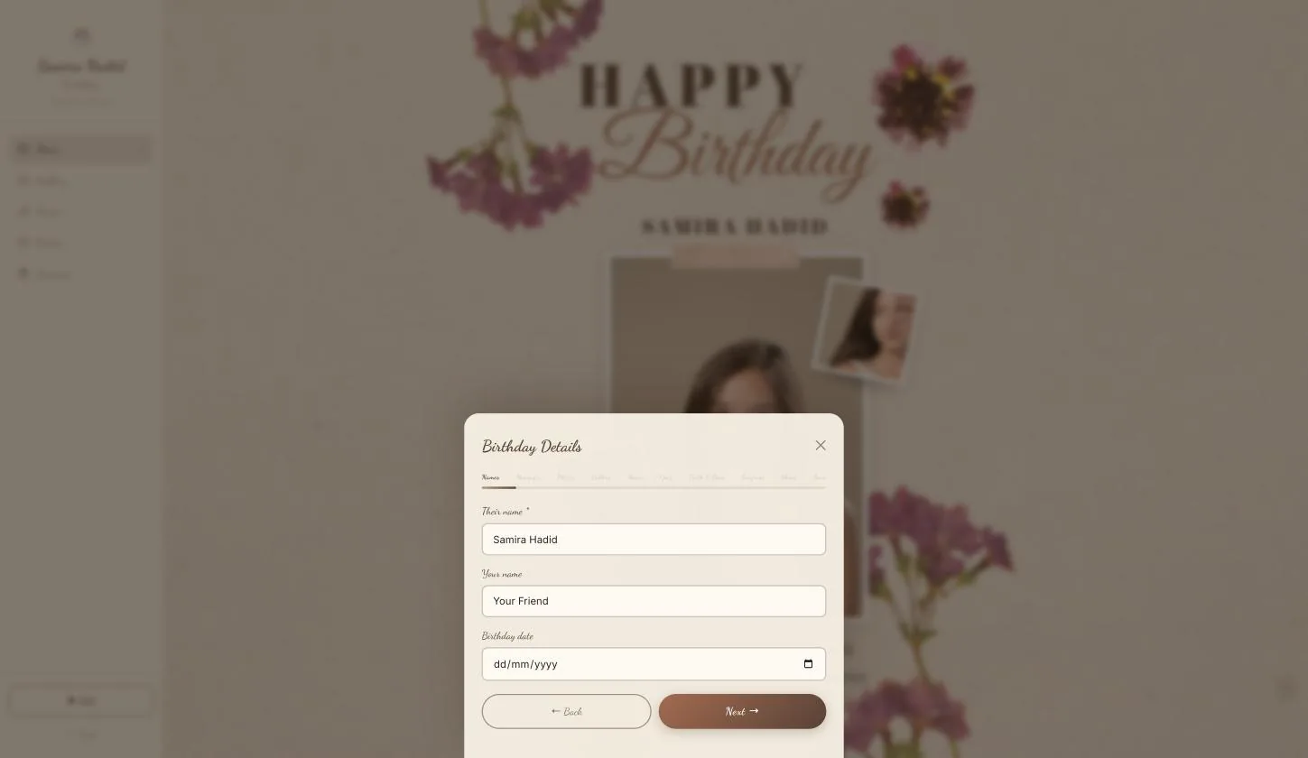 Birthday Details: their name, your name and the birthday date