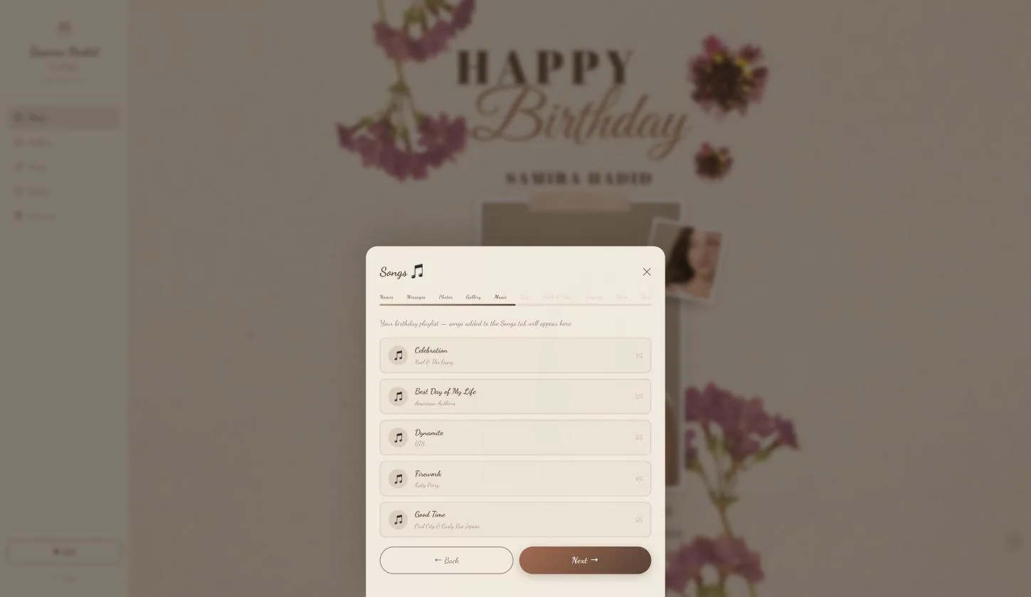 The Songs page: the five-track birthday playlist