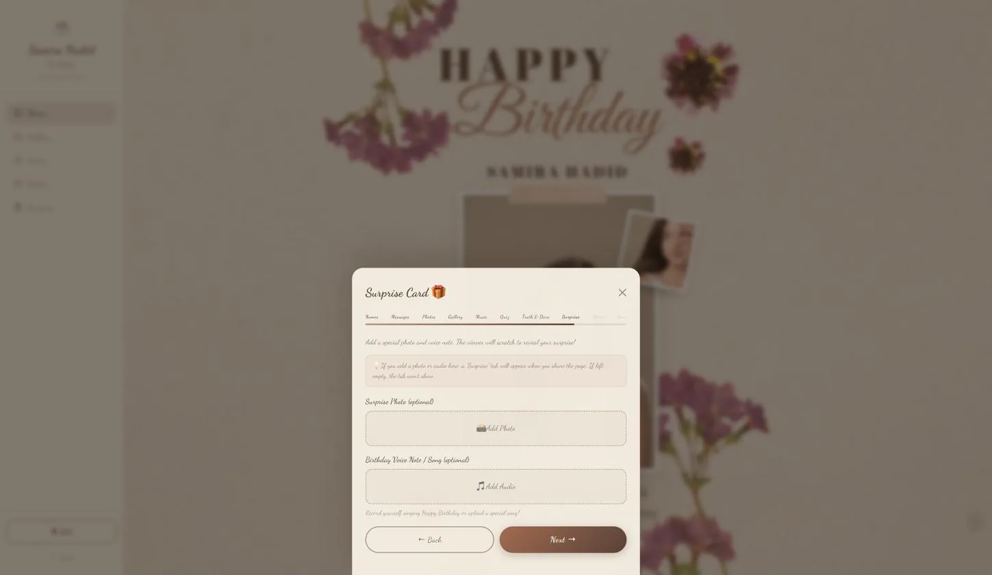 The Surprise Card page: an optional photo and an optional voice note