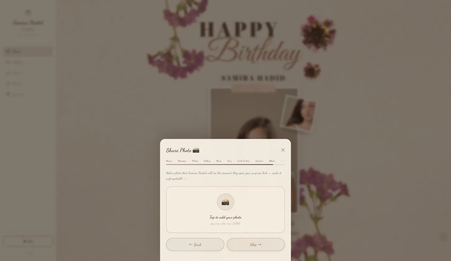 The Share Photo page, with its Skip button