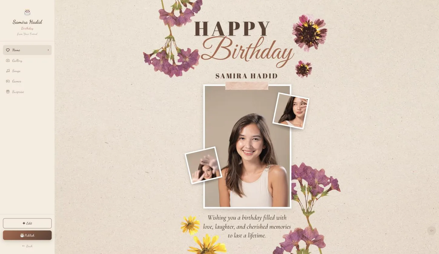 The saved birthday board with her photos in place, Publish now in the rail