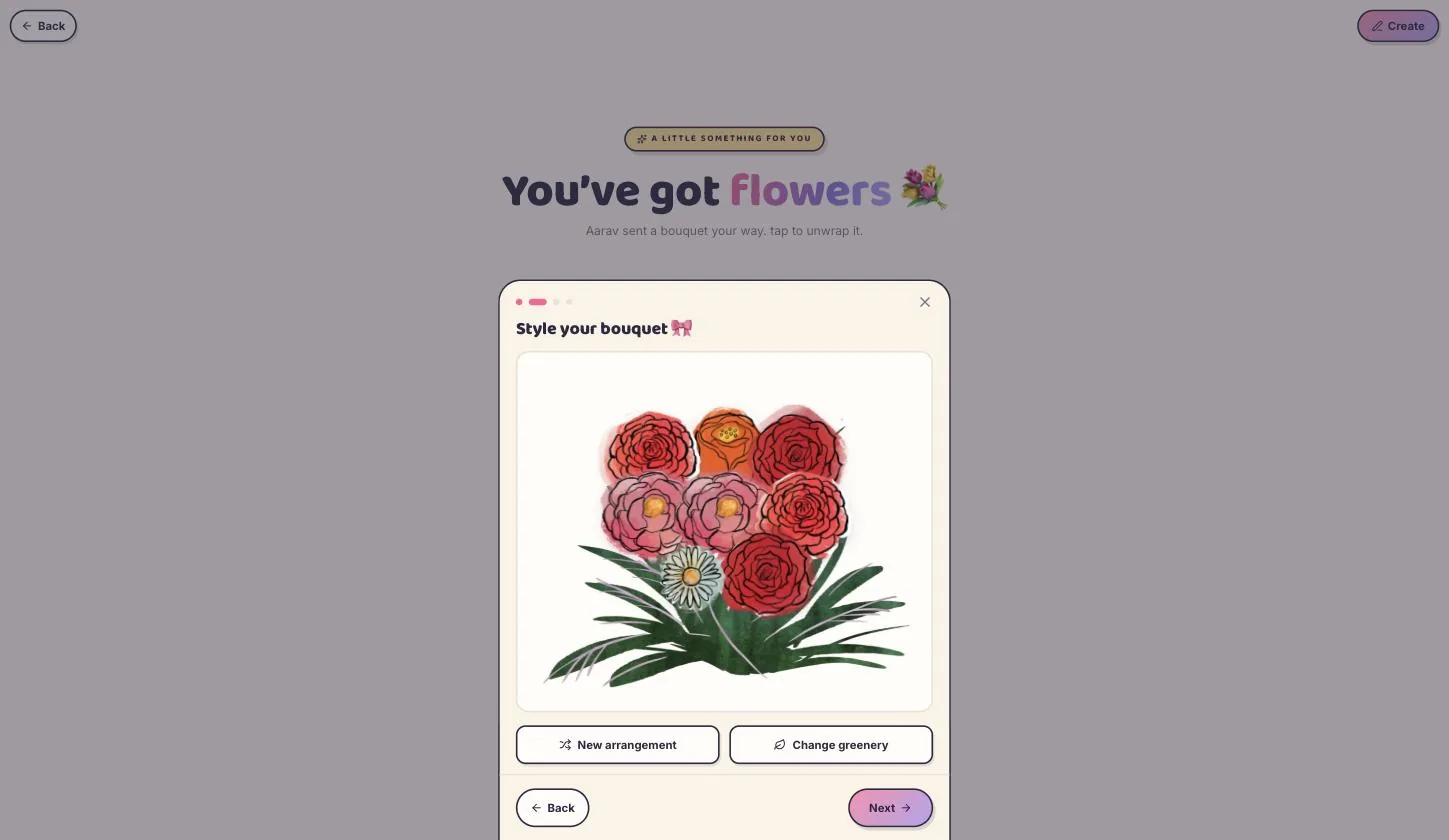 Style your bouquet, with the new-arrangement and change-greenery controls