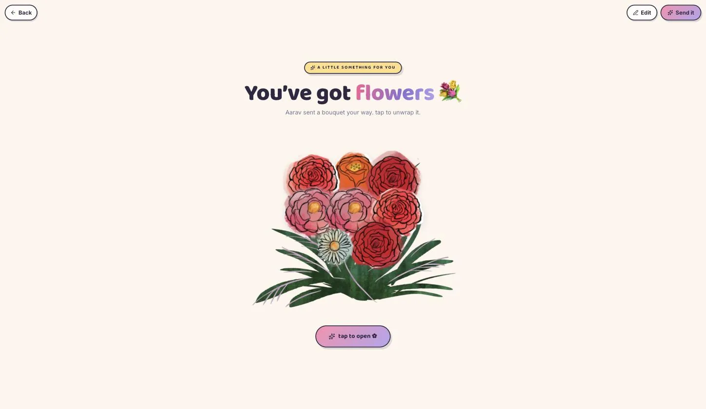 The saved bouquet, with Edit and Send it now in the top bar