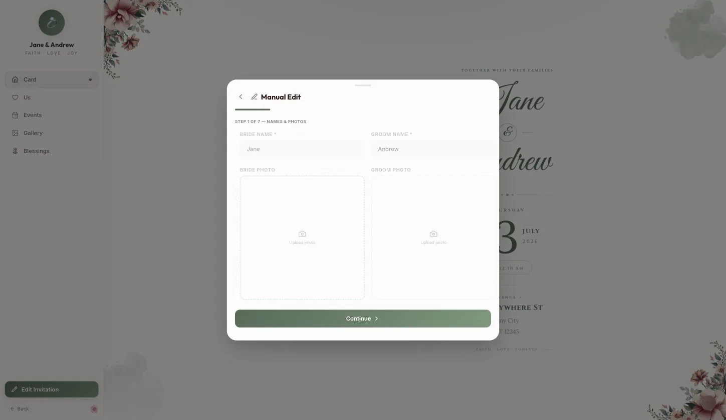Step 1 of 7 — bride name, groom name, and the two photo slots