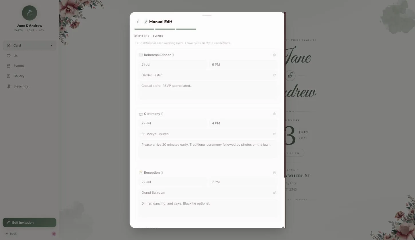 The events step — three functions, each with date, time, venue and a note