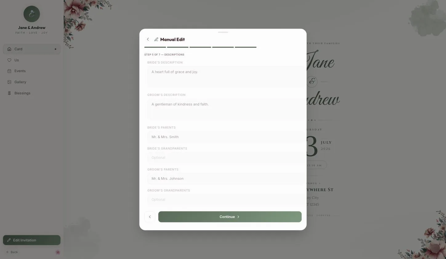 Bride's and groom's descriptions, parents, and the optional grandparents fields