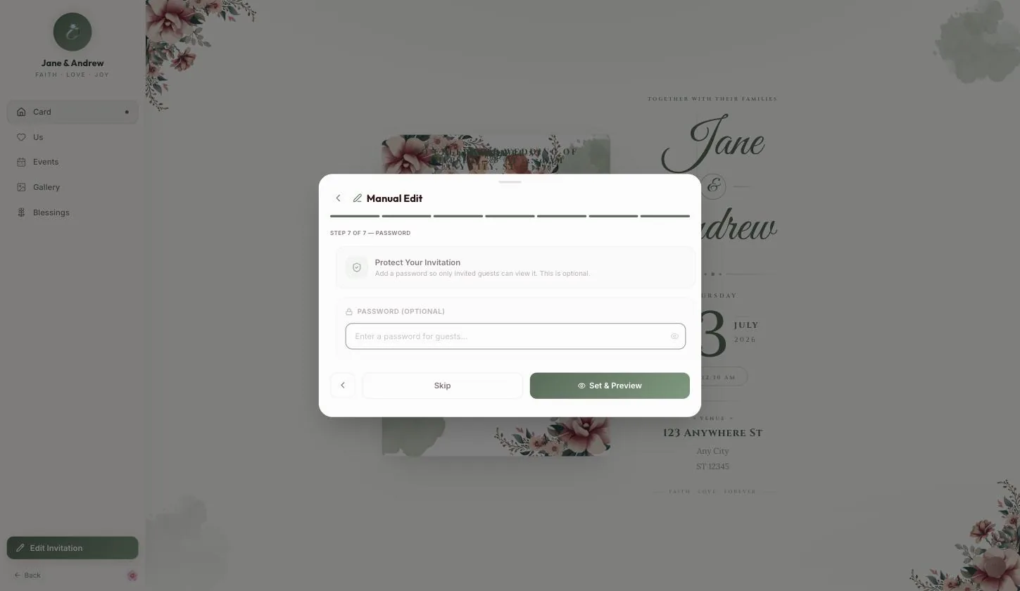 The password step, with Skip and Set & Preview