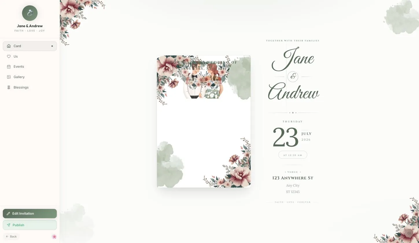 The saved invitation, with Publish now under Edit Invitation