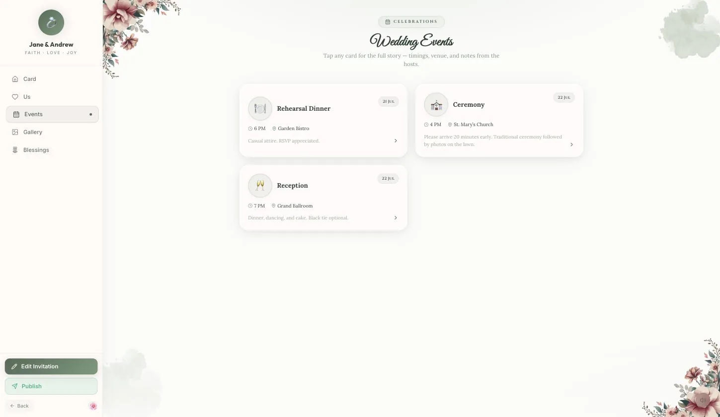 The guest's Events section, three cards with date chips