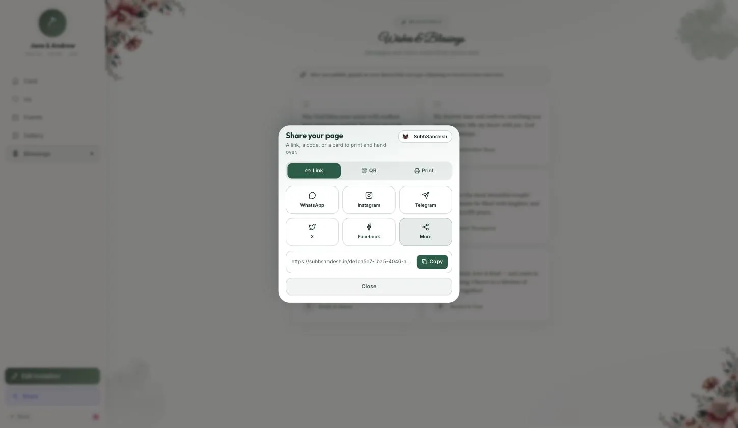 The share sheet — Link, QR and Print, with the social buttons