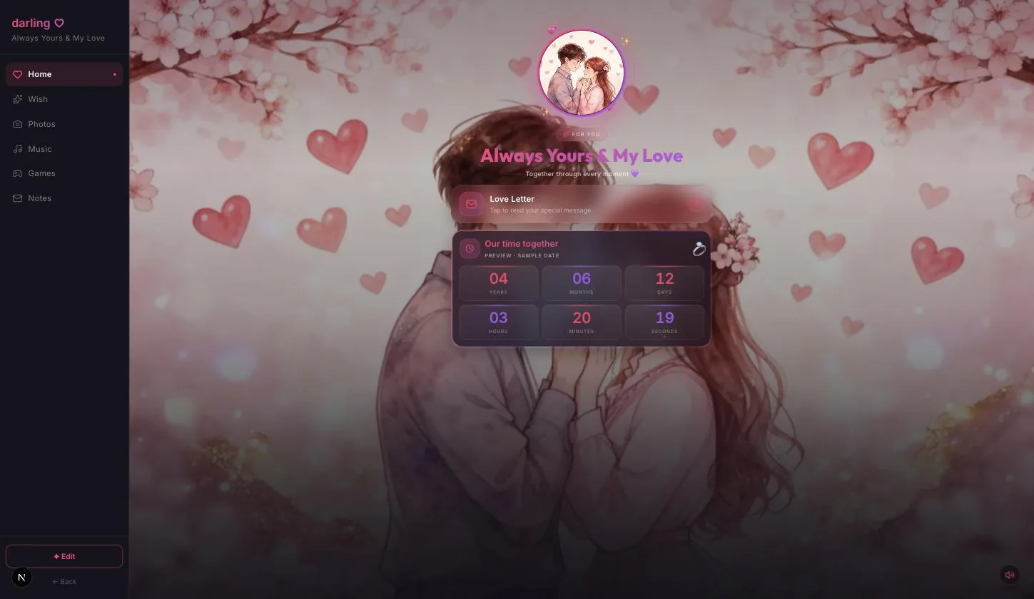 The Darling dashboard: the left rail, the love letter card and the time-together counter