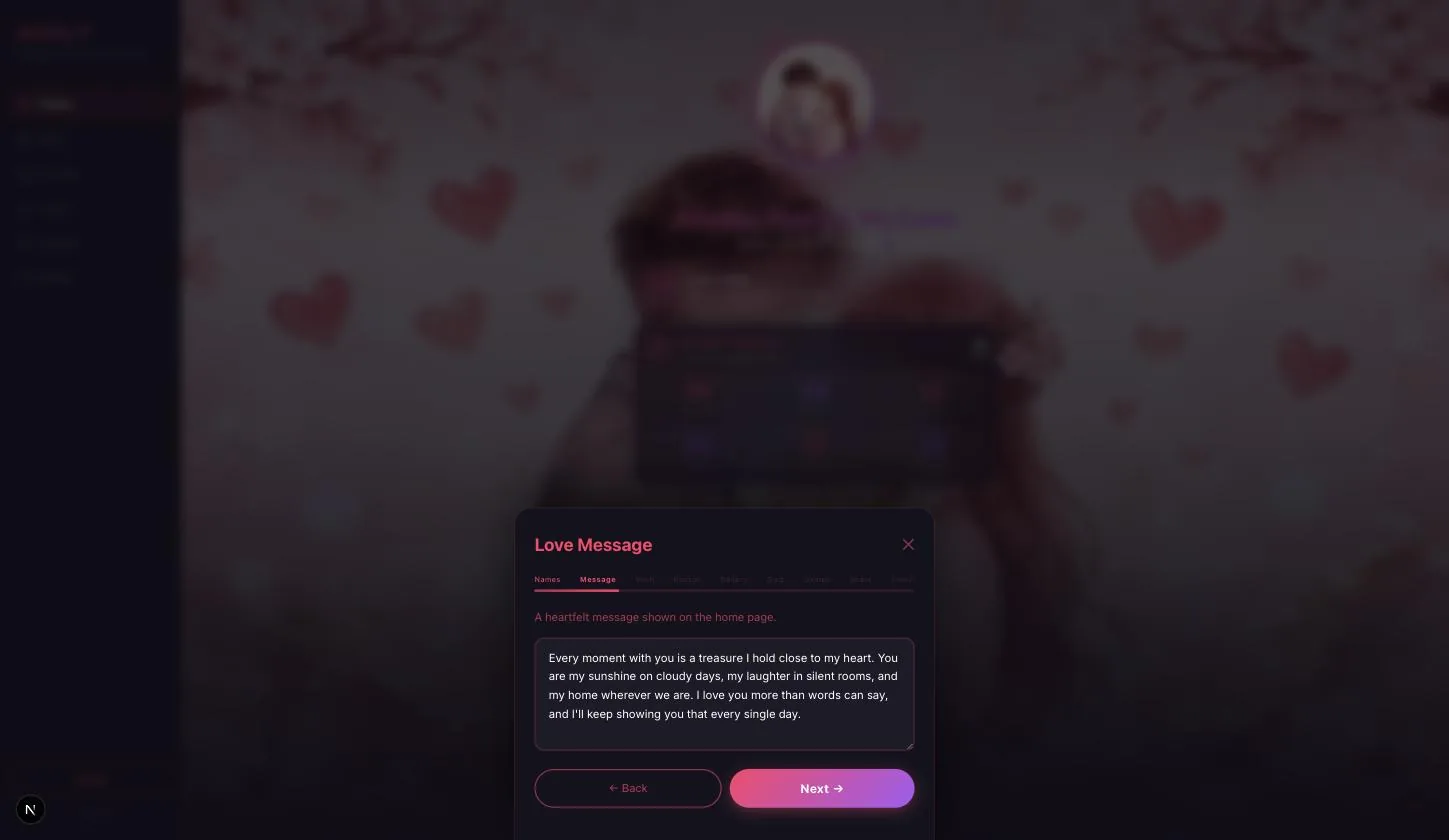 The Love Message page with its text area