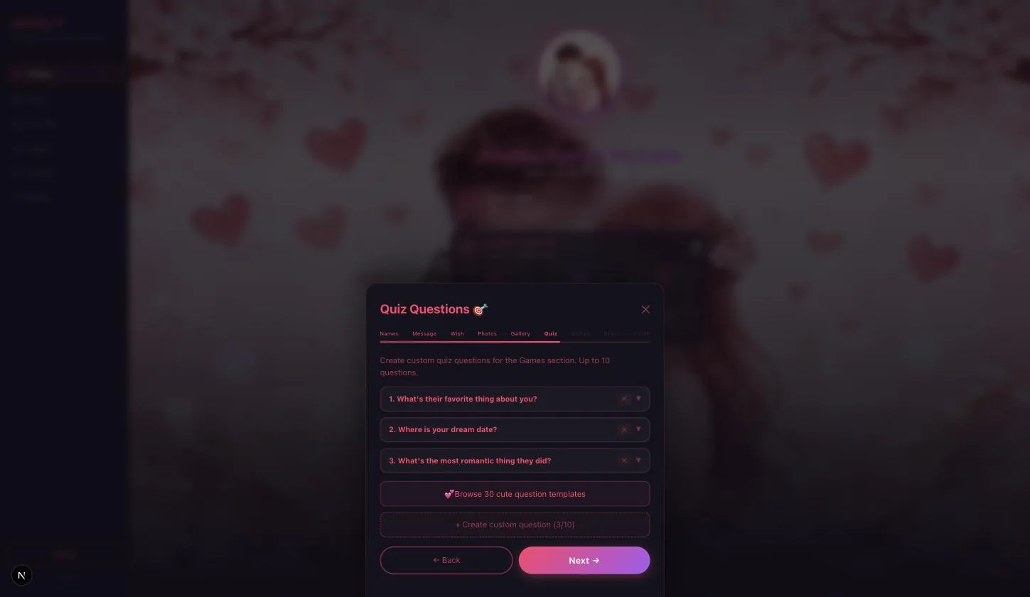 The Quiz Questions page with three default questions