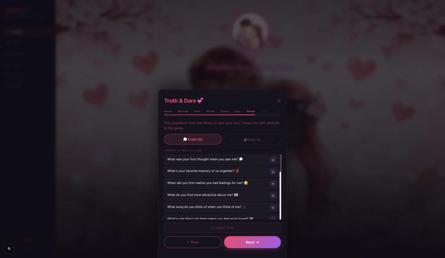 The Truth & Dare page with the Truth library open