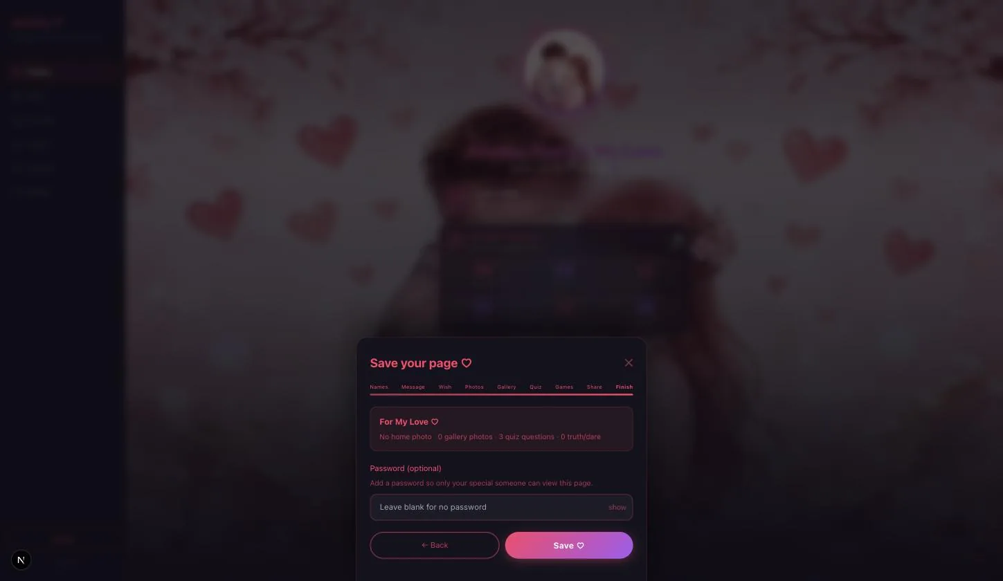 The Save page: the summary of what has been filled, and the optional password