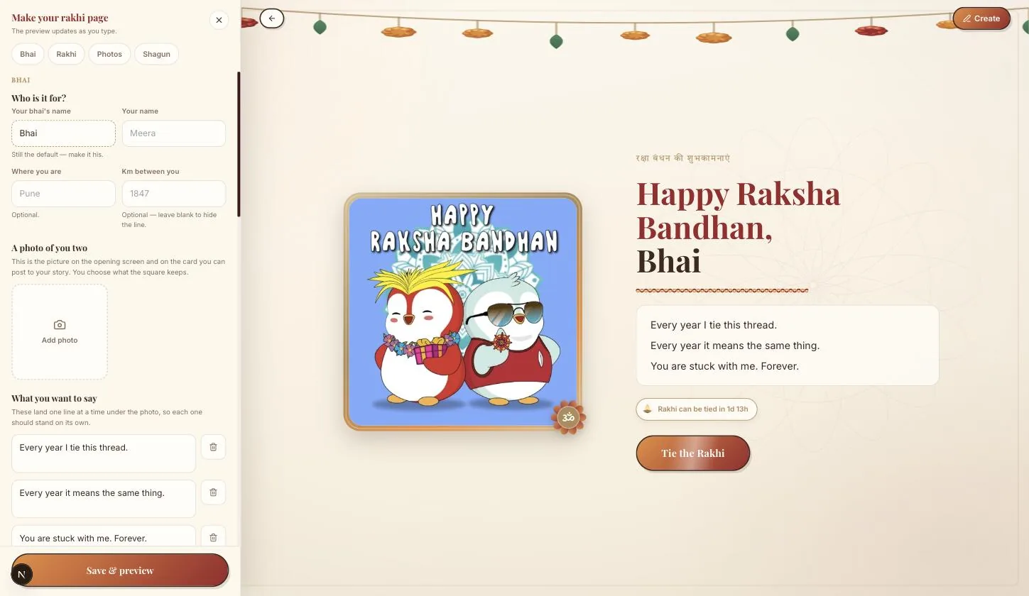 The brother-side builder open on the Bhai tab — both names, city, kilometres apart, the photo slot and the message lines