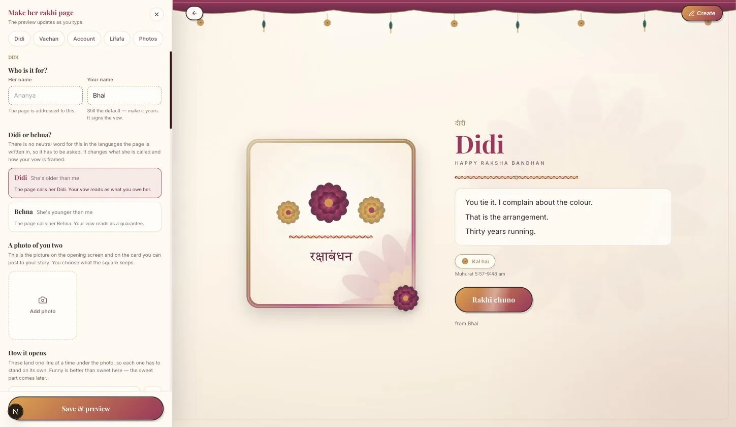 The Raksha Bandhan builder open on the Didi tab, with the names, the Didi/Behna choice and the photo slot