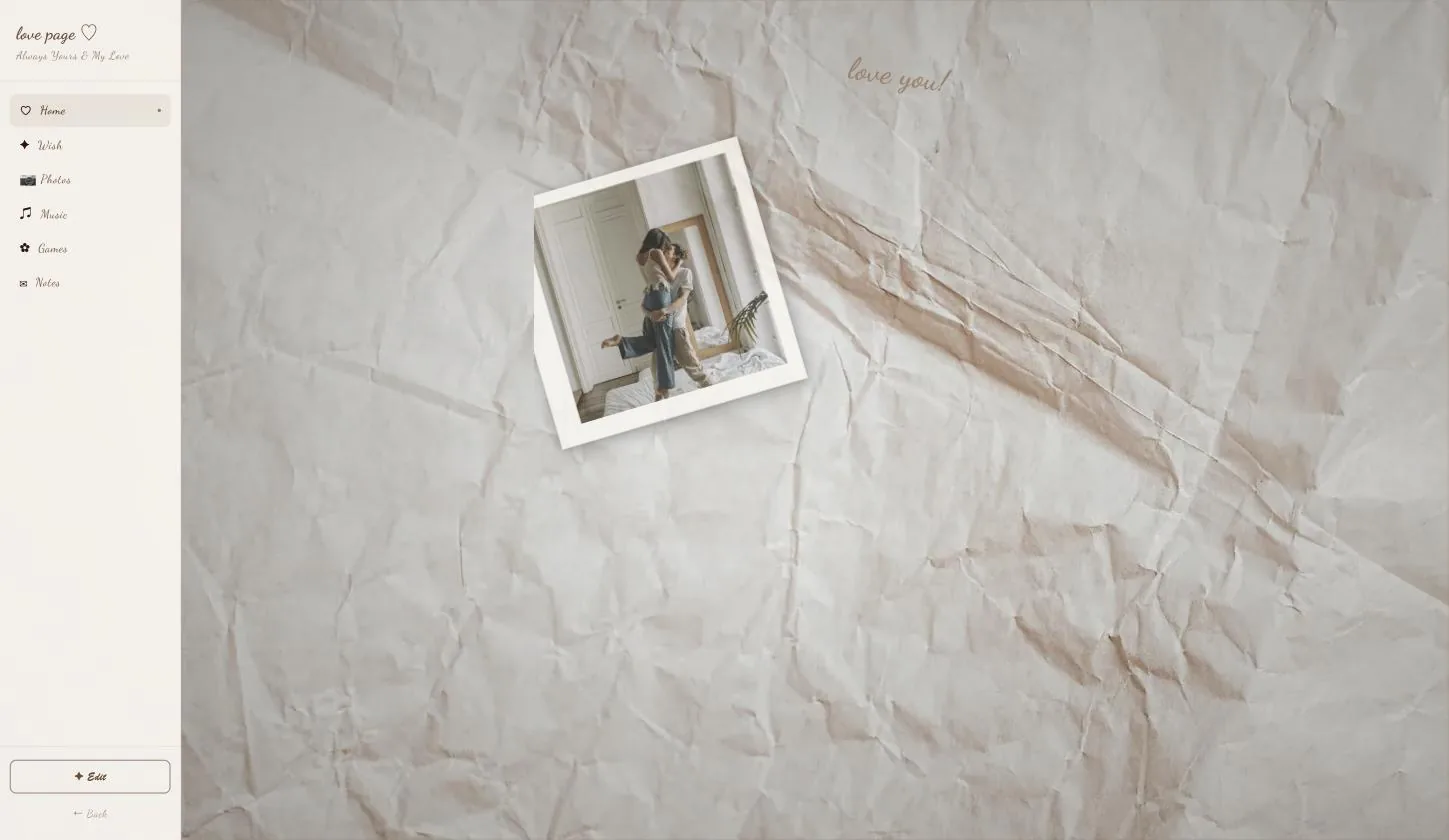 The Love Page board: crumpled paper, a pinned polaroid, and the handwritten love-you note