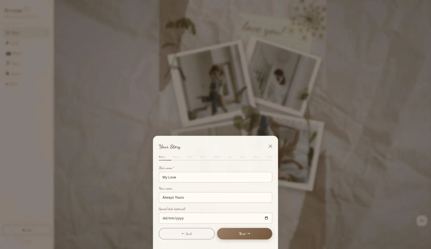 The Names page: their name, your name and an optional special date