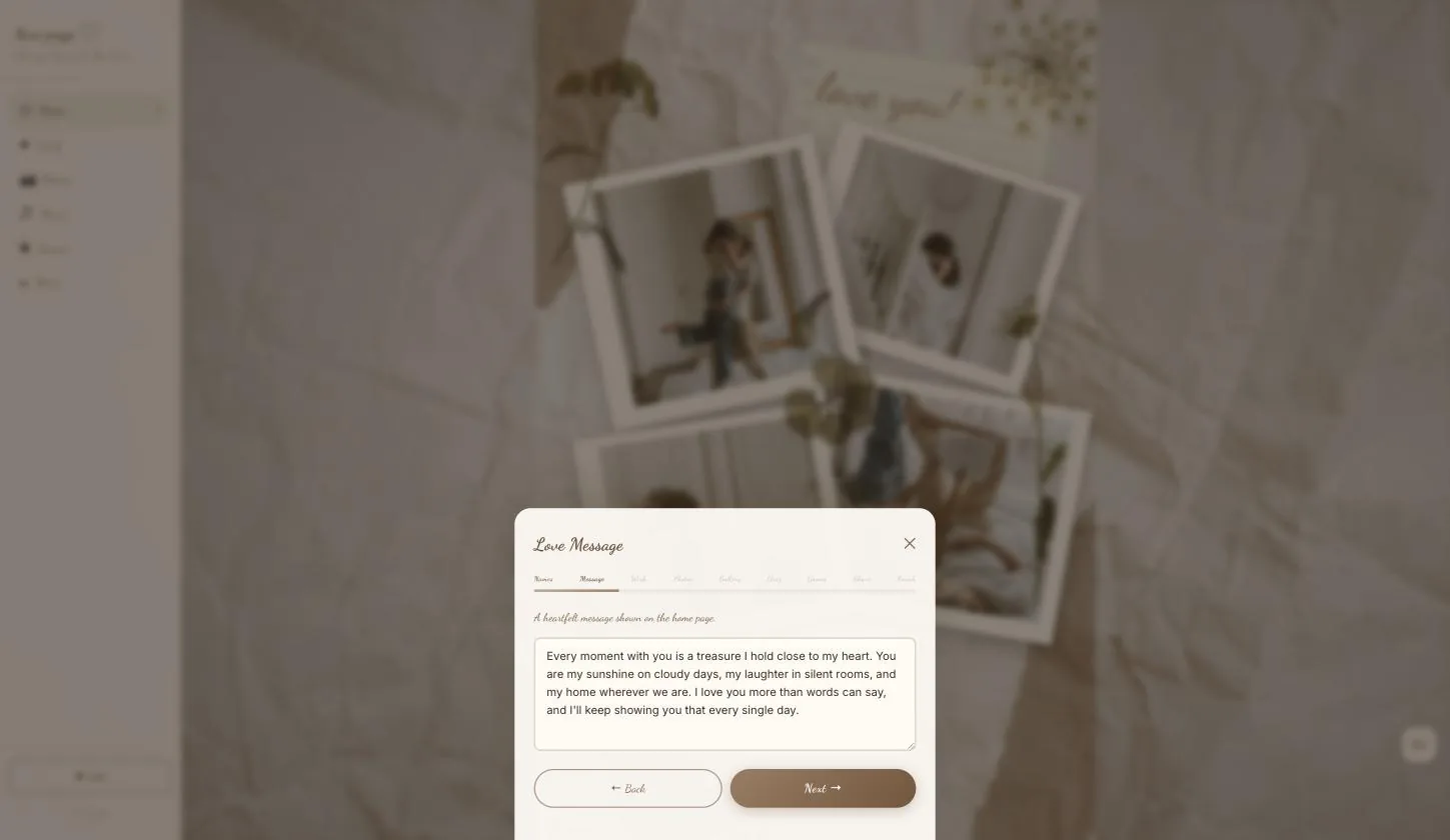 The Love Message page with its text area