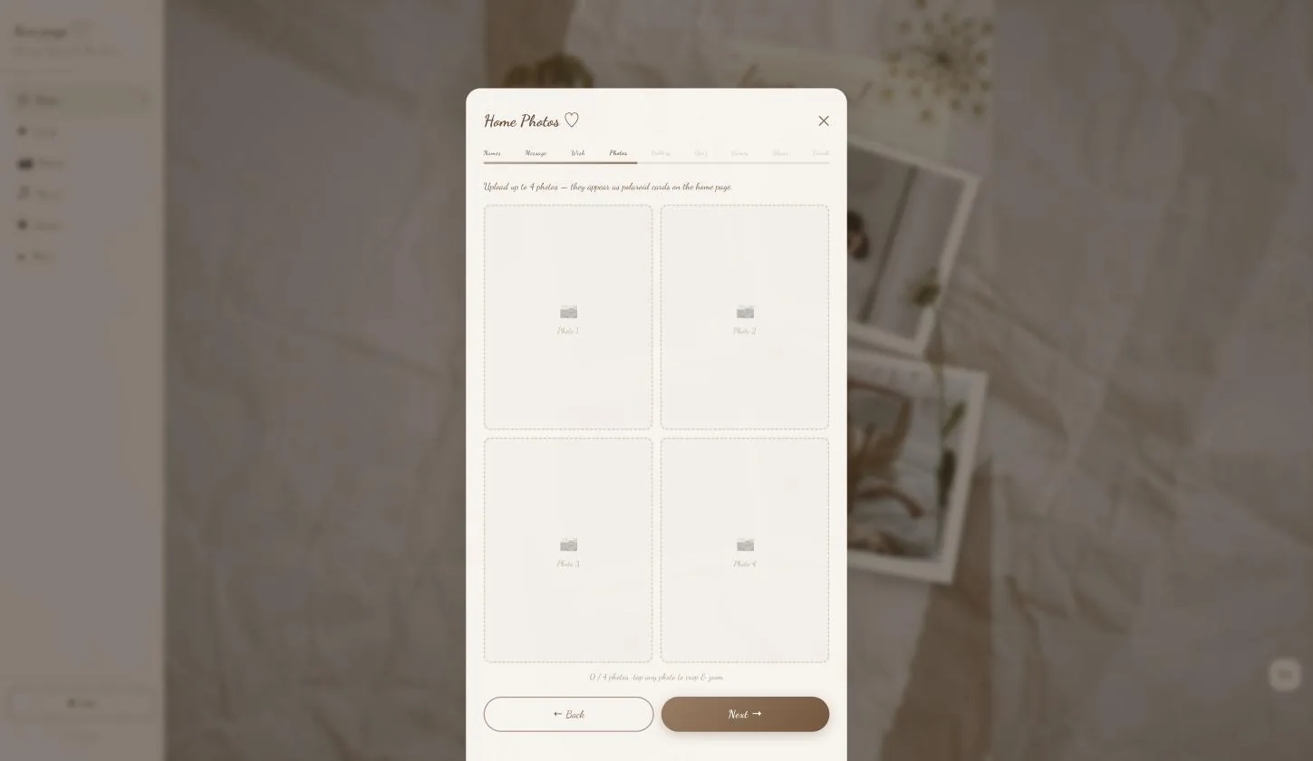 The Home Photos page: four polaroid slots
