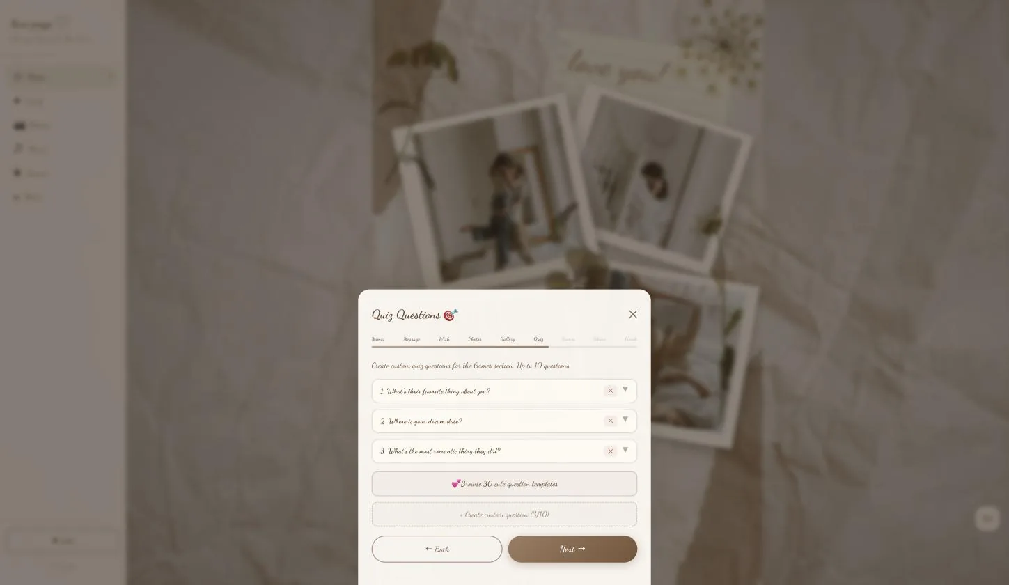 The Quiz Questions page with three default questions