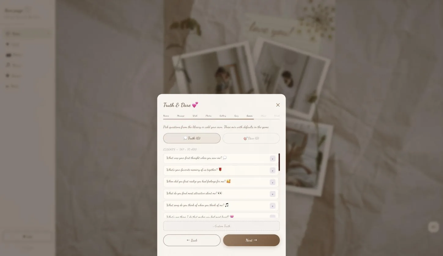 The Truth & Dare page with the Truth library open
