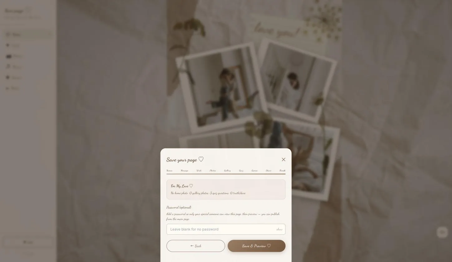 The Save page: the summary of what has been filled, and the optional password