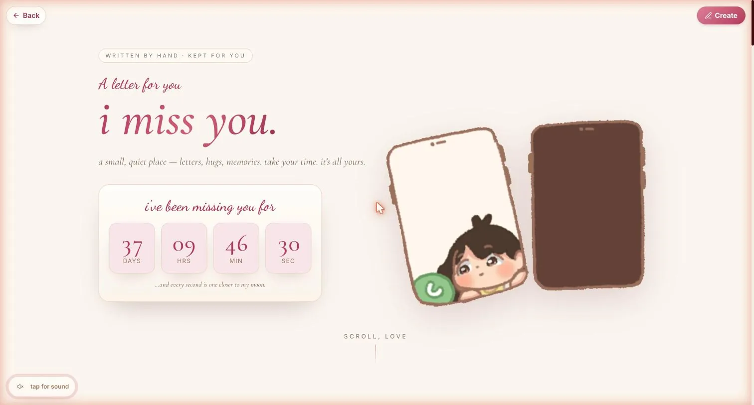The finished Miss You letter with Create in the top bar
