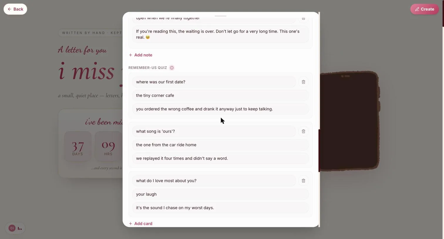 A quiz card: the question, the answer, and the line she gets afterwards