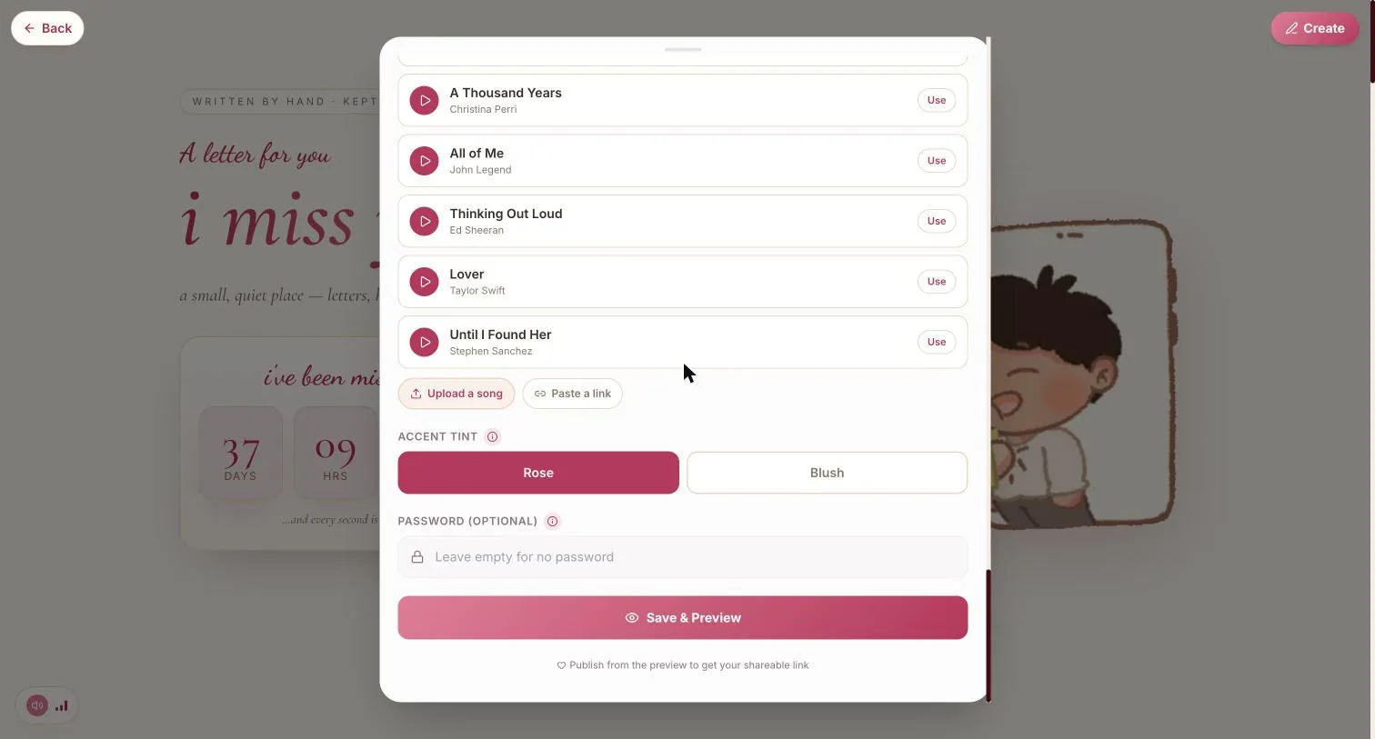 The song list, the accent tint pair, the password field and Save & Preview