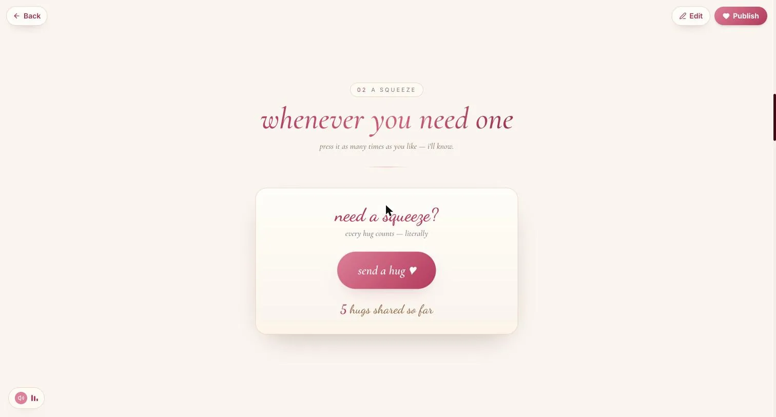 The hug button with five hugs shared so far