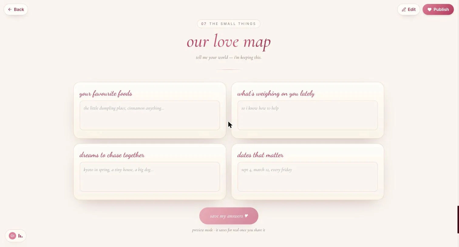 Our love map — four questions for her and the save-my-answers button