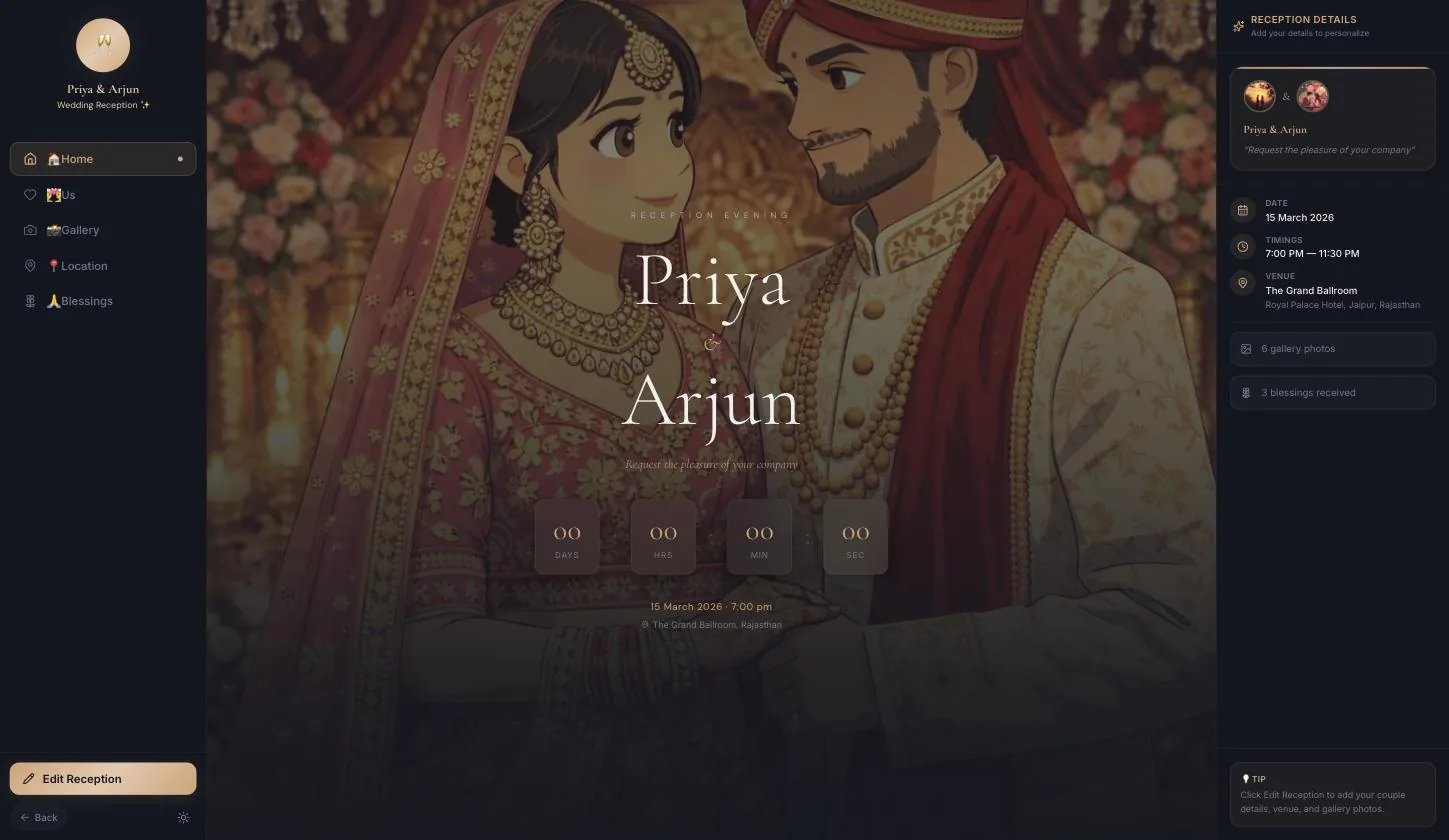 The reception home screen with the countdown and the right-hand details panel
