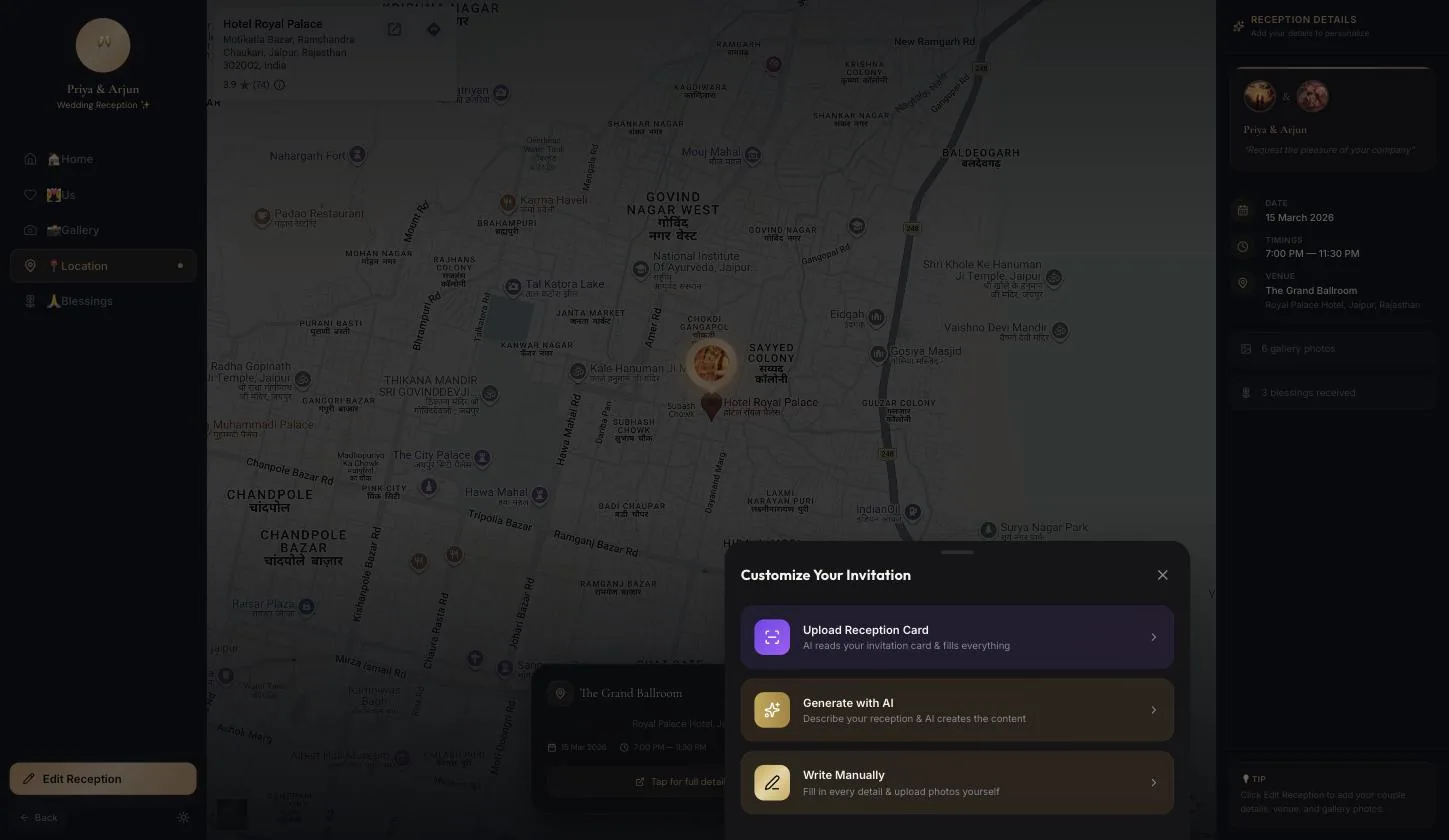 Customize Your Invitation — Upload Reception Card, Generate with AI, Write Manually