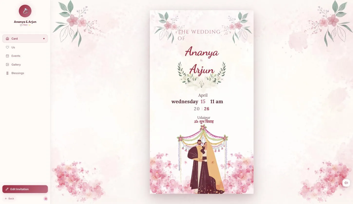 The finished animated shaadi card with the guest rail and Edit Invitation