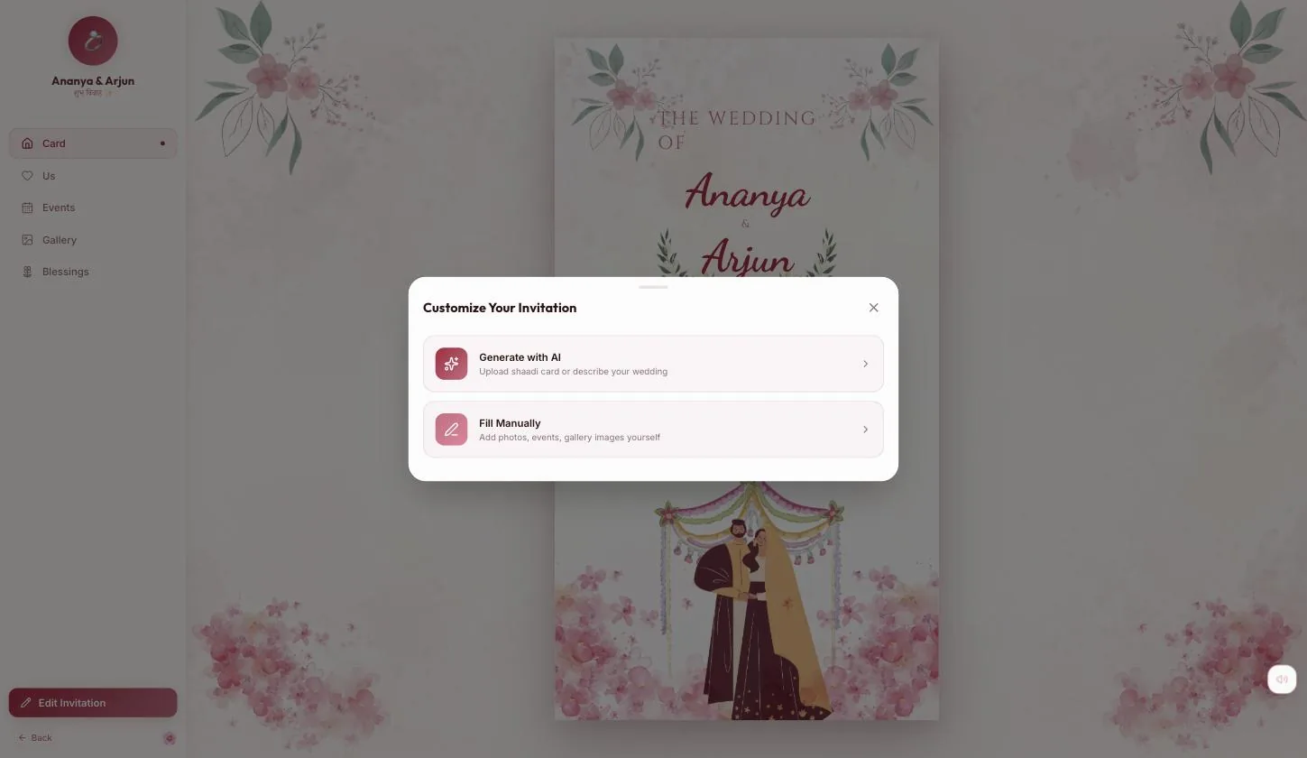 The fork: Generate with AI, which offers to read your shaadi card, or Fill Manually