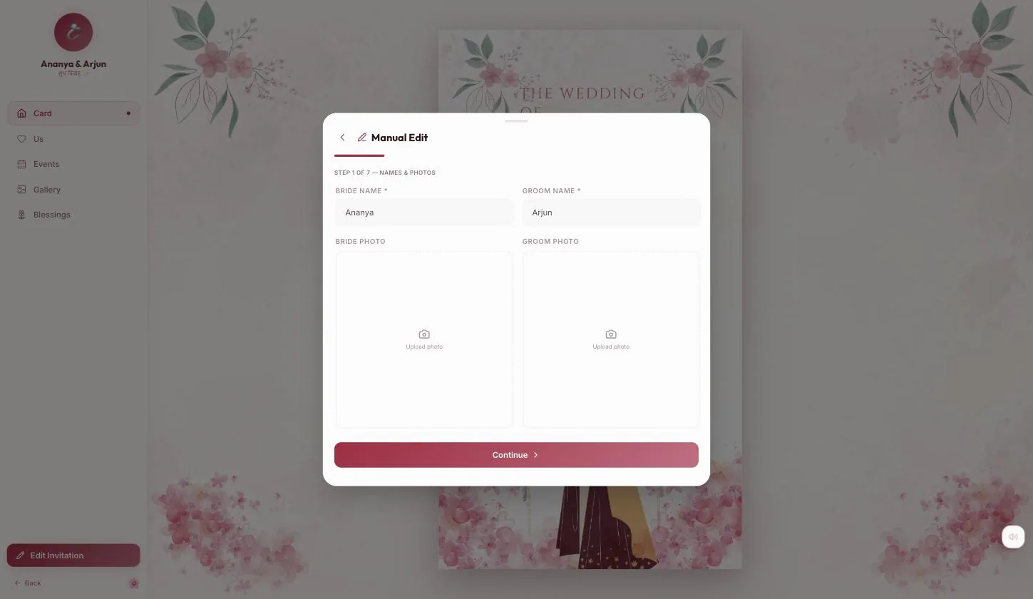 Step 1 of 7 — bride name, groom name, and the two photo slots