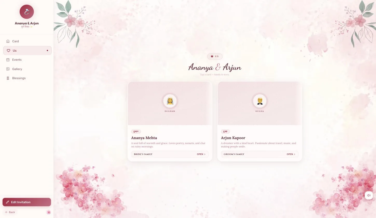 The Us section — dulhan and dulha cards, each with a family row to open
