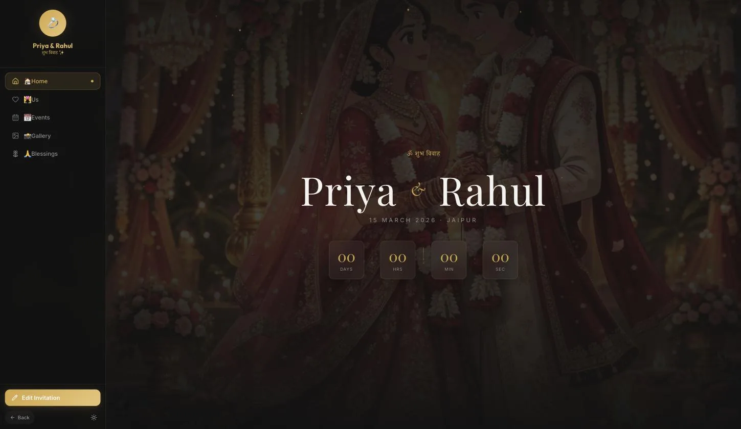 The guest's home screen — names, date, city and the live countdown, dark theme