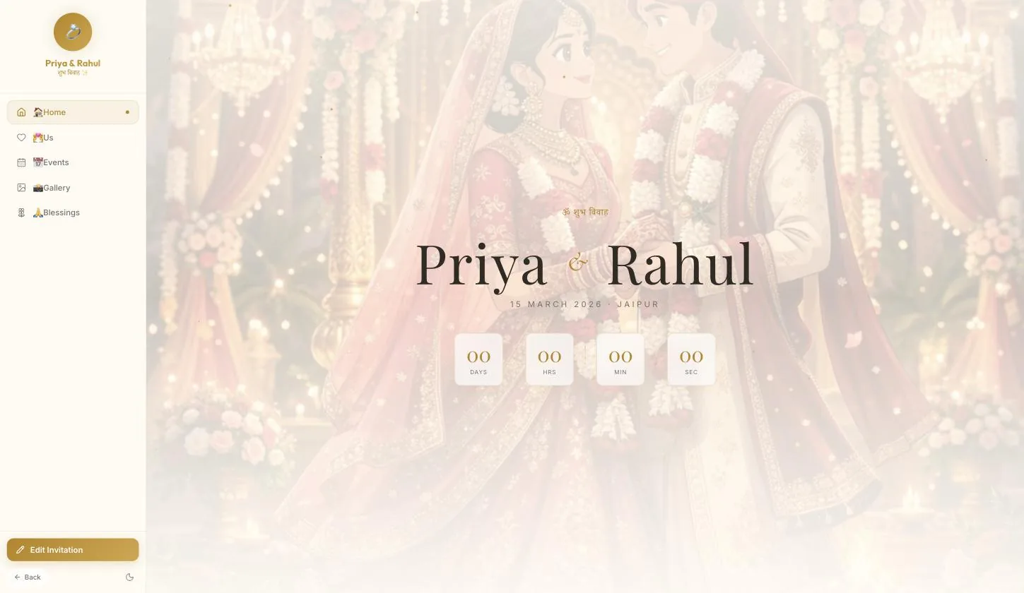 The same page after the guest presses the theme toggle, in light cream and gold