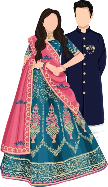 Illustrated groom in a navy sherwani arriving with his bride