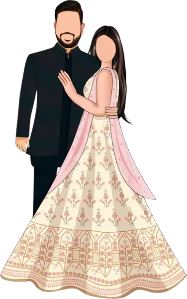 Illustrated couple at their engagement, the bride in an ivory lehenga